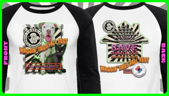 Waggin' Tails Fall Fest raglan shirt, front and back, featuring two SAVE adoptable pets